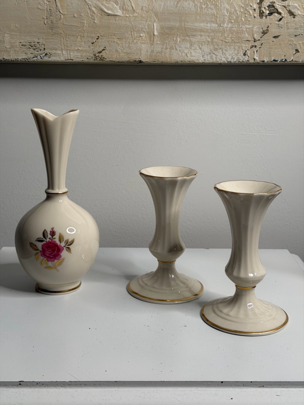 Lenox Rose Vase & Candle Holders Set -
Cream Gold Trim Set of 2

Candlesticks,